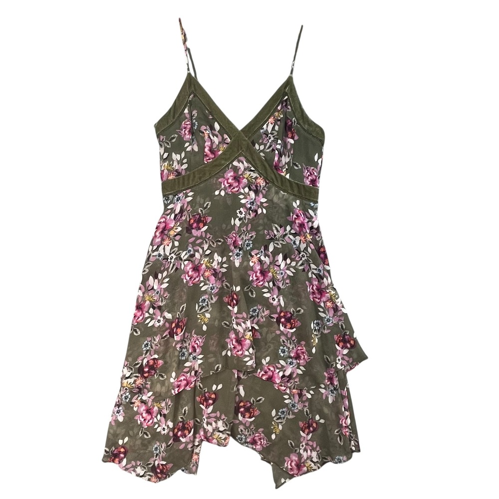 White House Black Market Olive Green Floral‎ Handkerchief Hem Midi Dress Size 8